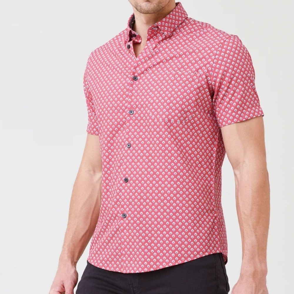 Mizzen+Main Leeward Trim Fit Short Sleeve Shirt Red Shell Print Performance Med
